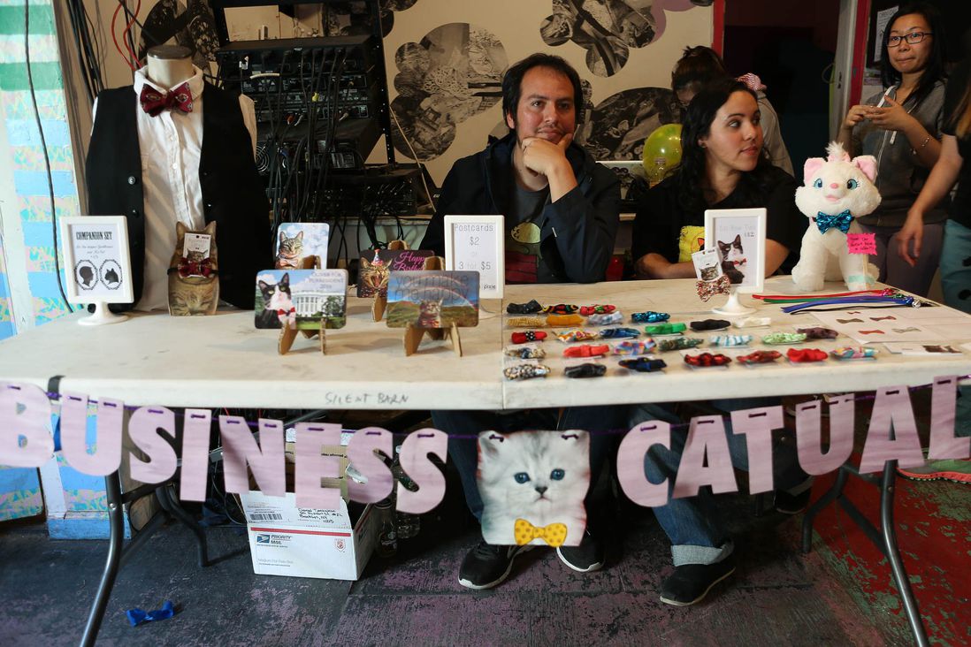 Business Catual, which donates a percentage of sales to cat rescue groups, provides neckwear—most notably bowties—for felines.<br/>